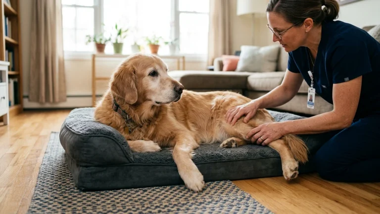 A veterinarian gently palpating the hind leg and hip joints of an older golden retriever resting on an orthopedic memory foam dog bed.