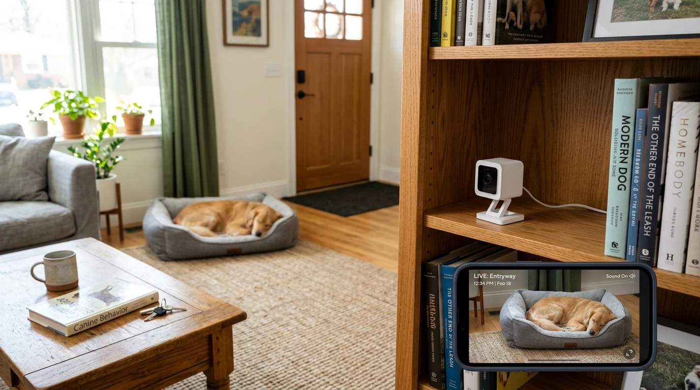 Small pet camera on a bookshelf showing live video feed of resting dog on a smartphone in living room