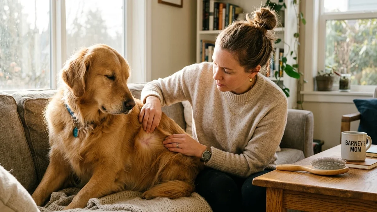 Pet parent gently parting the thick fur of a calm golden retriever in a sunlit living room to examine clean skin with a slicker brush nearby