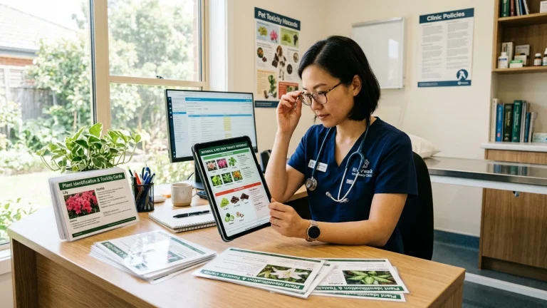 A veterinarian reviewing botanical and pet food toxicity reference charts on a digital tablet in a consultation room.