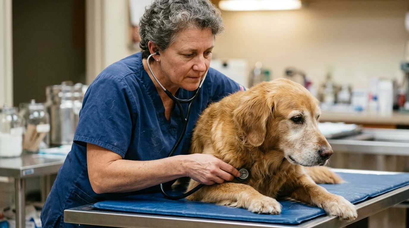 Veterinarian using a pediatric stethoscope to auscultate the chest and heart sounds of a calm senior dog