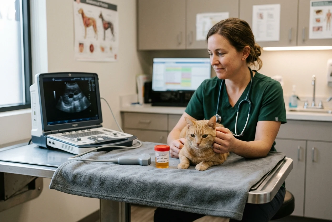 Veterinary clinician with ultrasound probe and sterile urine collection vial for feline cystocentesis urinalysis