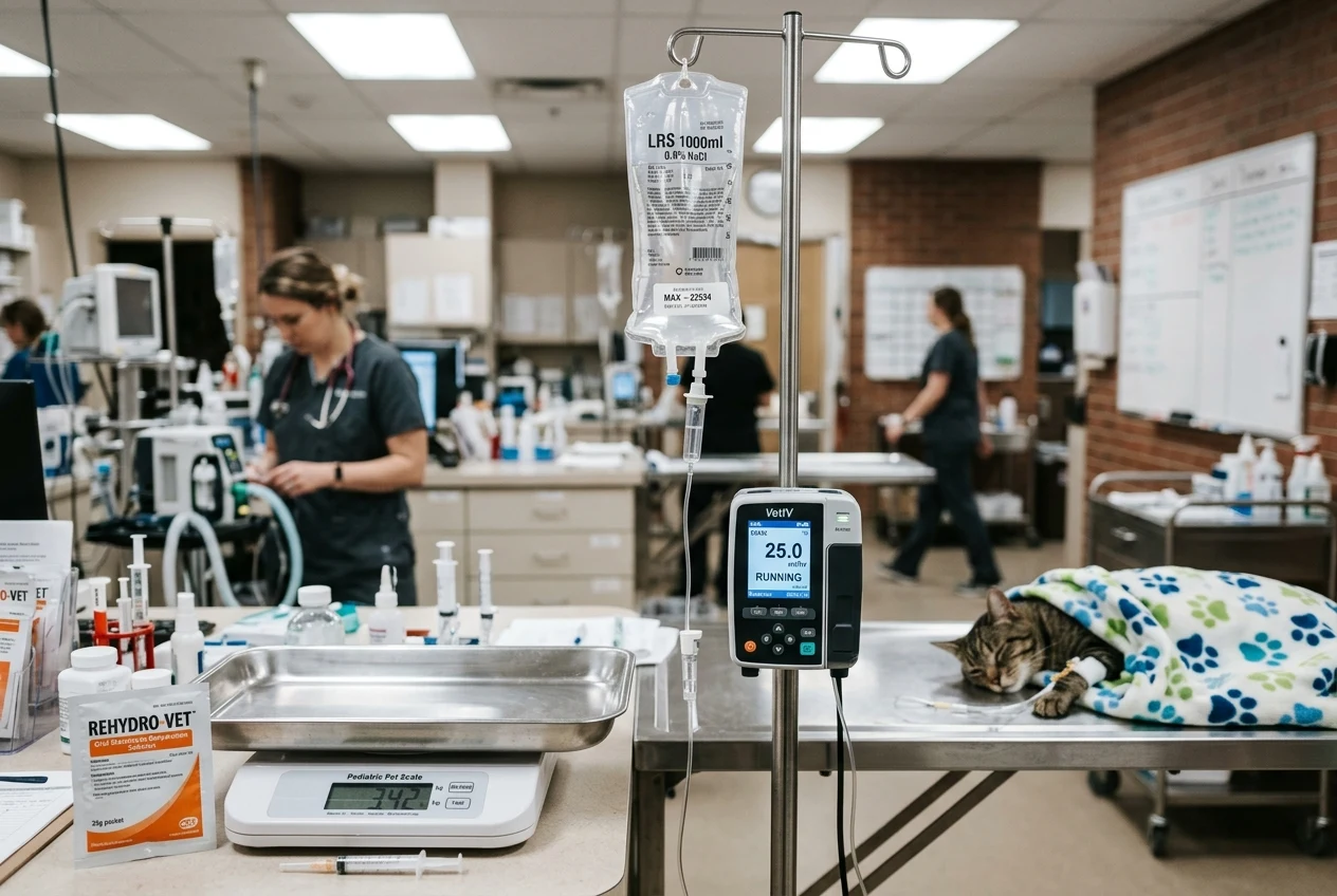 Veterinary IV fluid infusion pump and balanced electrolyte bag in hospital treatment room