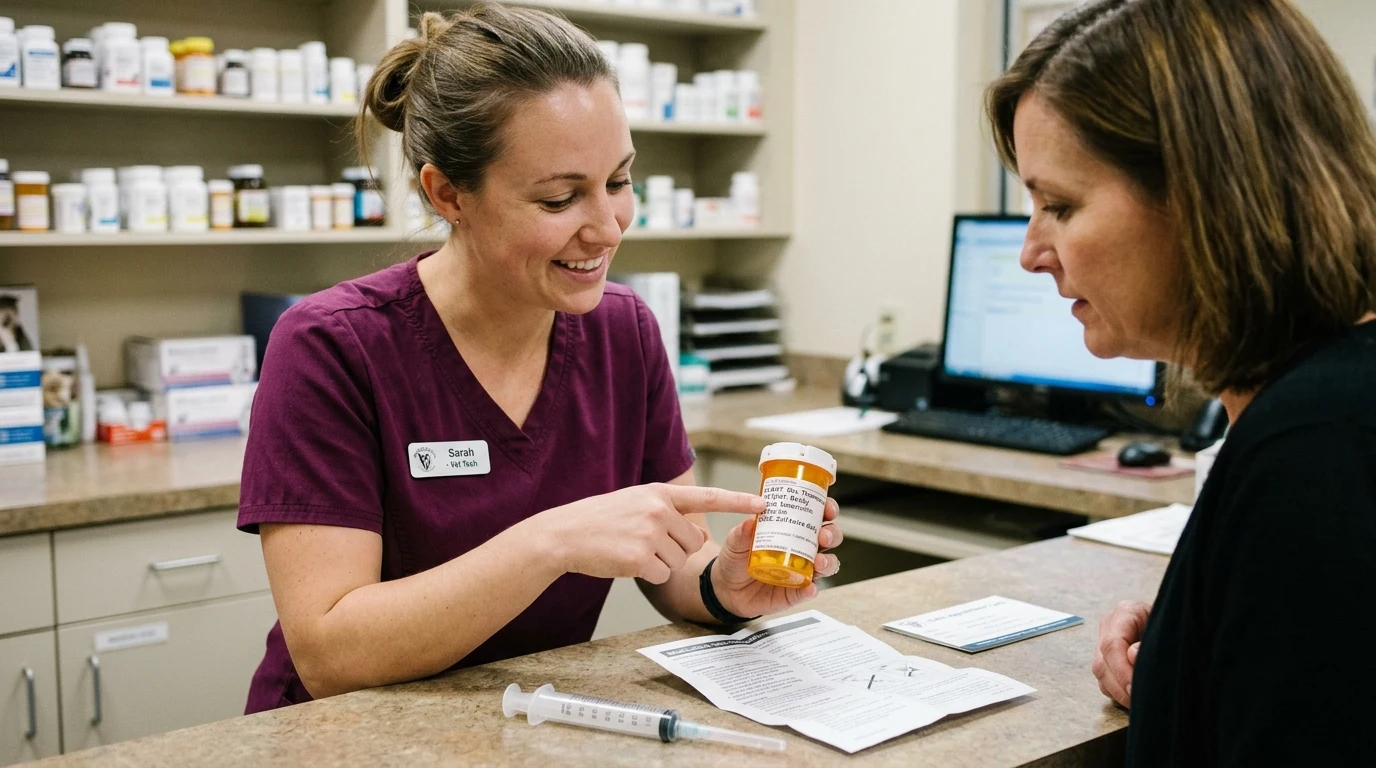 Veterinary technician explaining prescription medication dosing label and instructions to pet caregiver