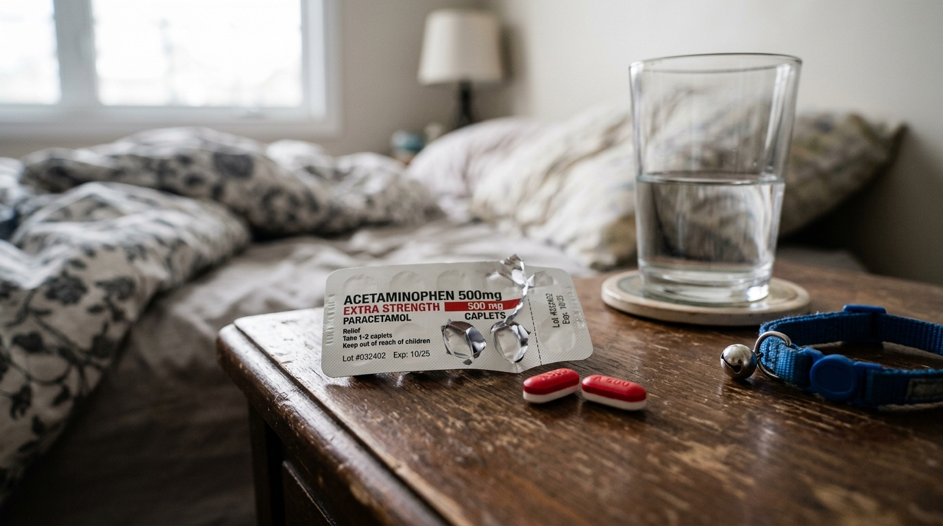 Extra strength 500mg acetaminophen caplets and blister packaging beside a glass of water and cat collar