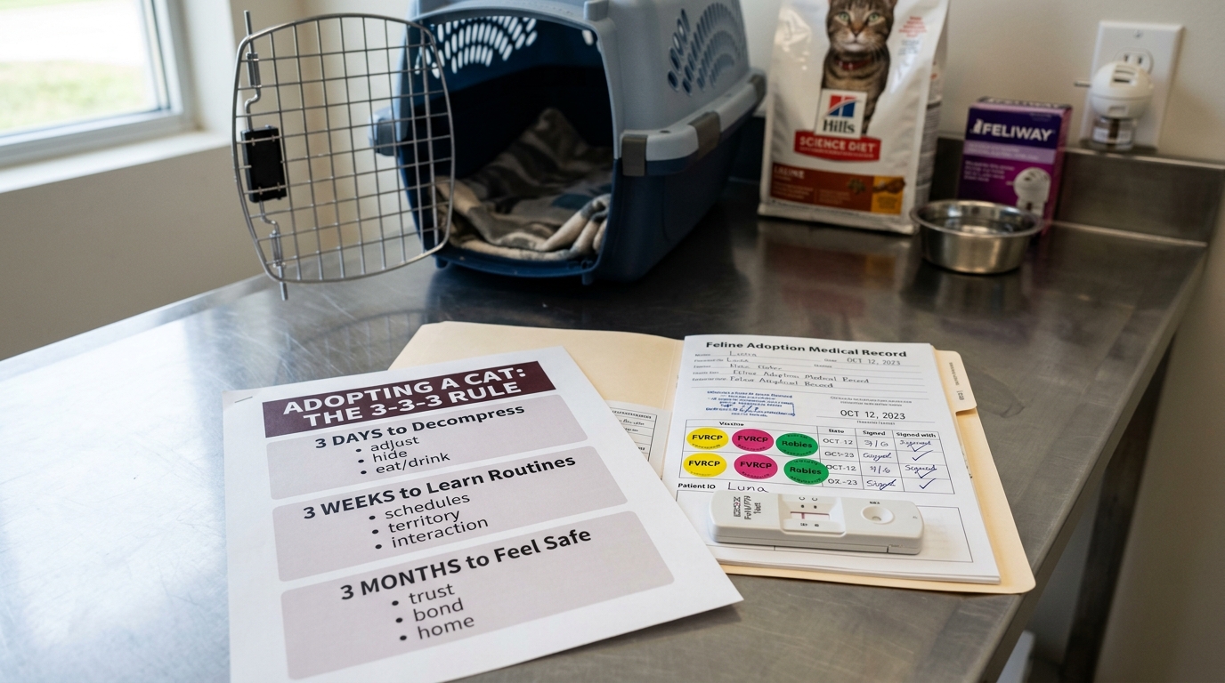 Figure 1: Feline Adoption Protocol & 3-3-3 Decompression Timeline Exhibit — Macro view of an open adoption medical record showing core FVRCP vaccines and negative FeLV/FIV test results, alongside the 3-3-3 rule transition guidelines, calming pheromone diffuser, and low-stress carrier.