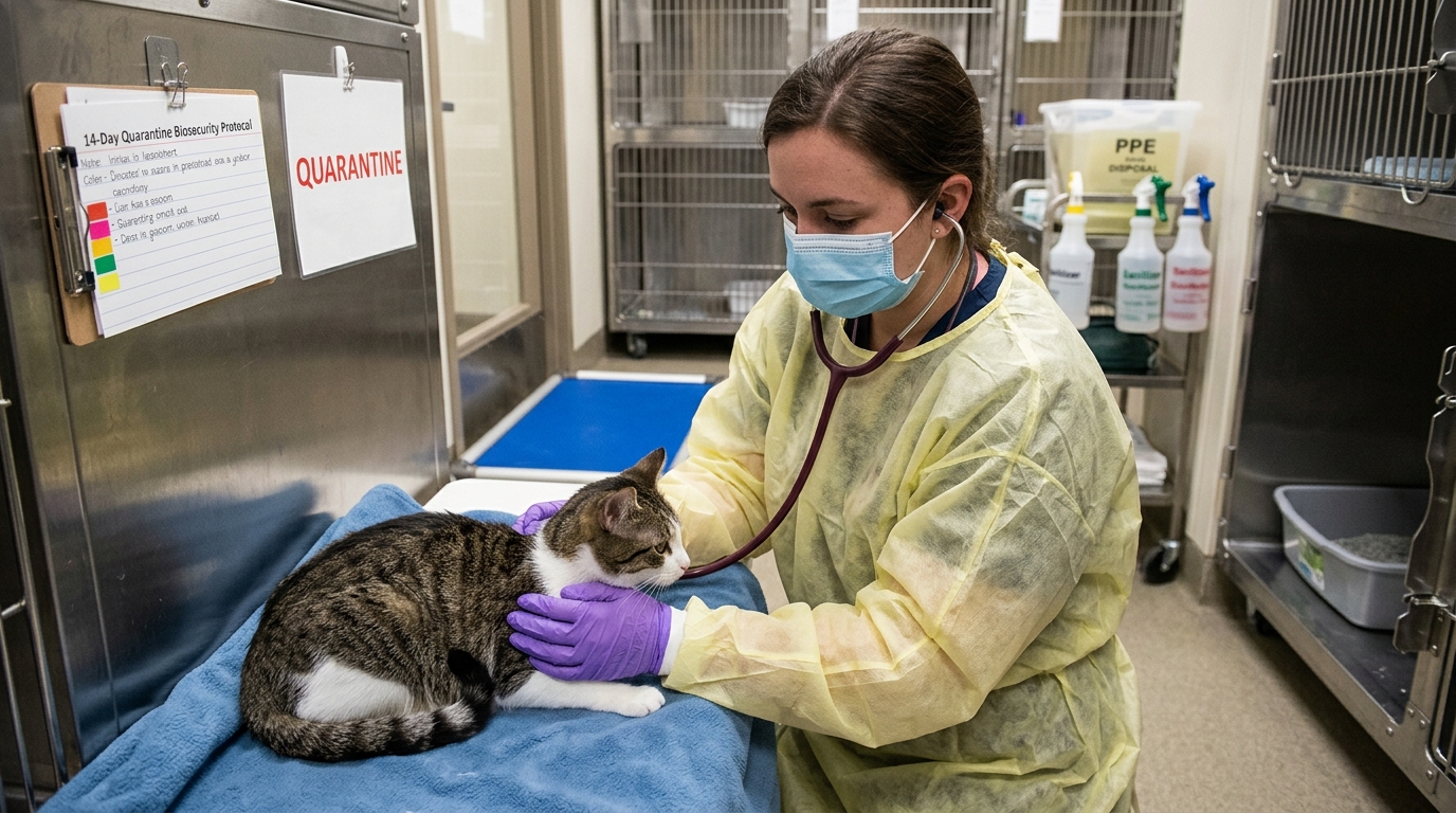 Figure 2: Adopted Cat 14-Day Biosecurity Quarantine Ward — A veterinary technician in full protective PPE monitoring a newly adopted feline patient in a quarantine isolation enclosure, preventing subclinical viral pathogen transmission to resident household cats.