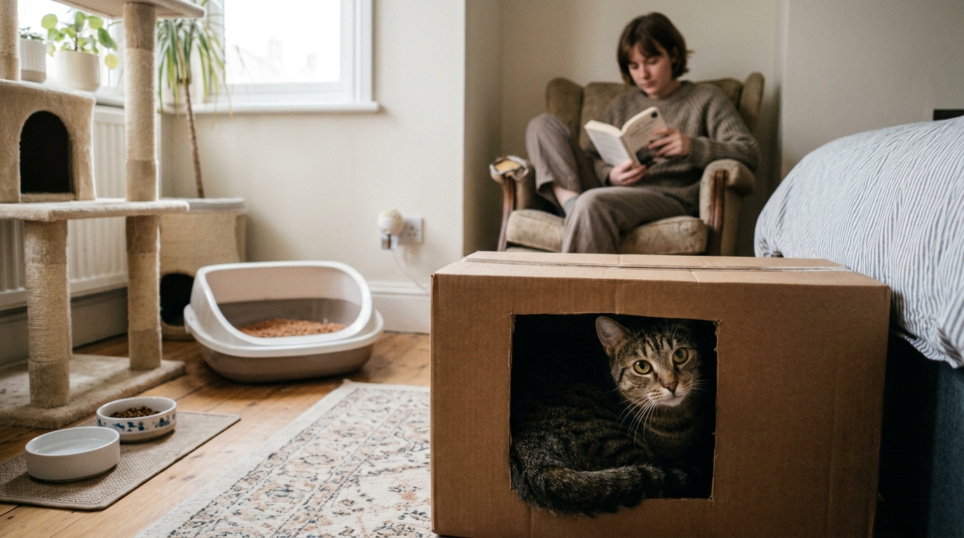 Figure 2: Quiet Bedroom Sanctuary & Feline Agency Setup — A newly adopted cat resting in a secure cardboard hide box within a calm sanctuary room equipped with climbing vertical perches, litter station, and pheromone therapy, allowing autonomous exploration without forced human pressure.