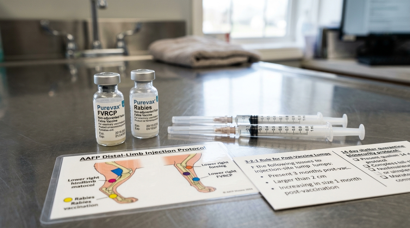 Figure 1: Feline Non-Adjuvanted Vaccine Pharmacology & AAFP Distal Injection Exhibit — Macro display of Purevax FVRCP and Rabies vaccine vials, 1 mL syringes, an AAFP anatomical distal-limb injection map (right hindleg rabies, right foreleg FVRCP), and the 3-2-1 post-vaccination monitoring rule.