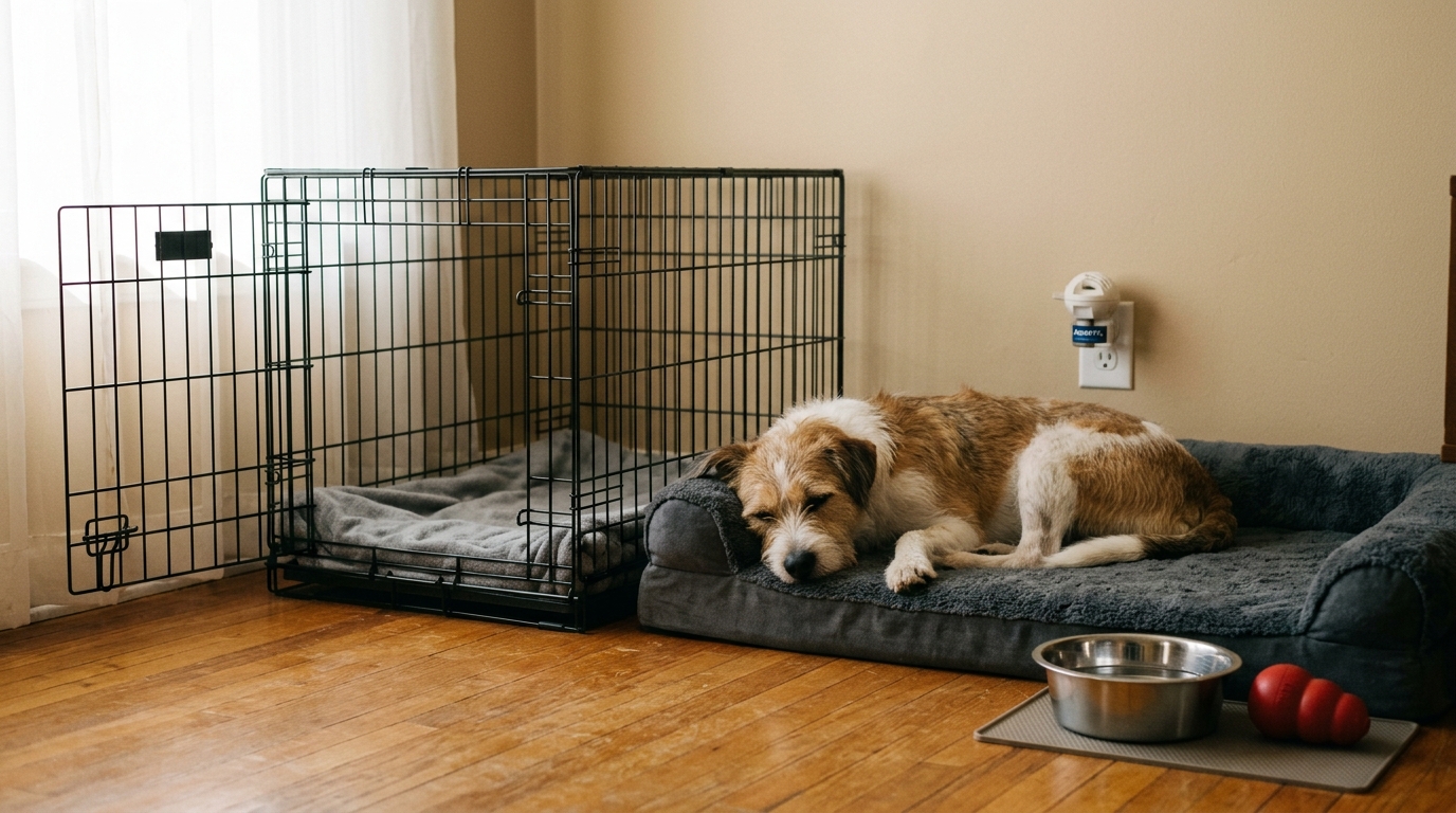 Figure 2: Safe Sanctuary Room & Decompression Setup — In-home environmental arrangement showing an open-door crate sanctuary, orthopedic bed, interactive food puzzle toy, and wall-plugged pheromone diffuser designed to minimize sensory overload during the initial 7-day transition period.