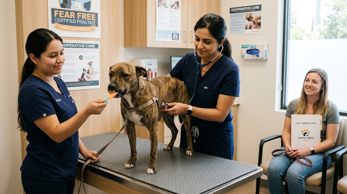 Figure 2: Fear Free 12-Point Physical Examination for Rescue Canines — A veterinarian auscultating the cardiopulmonary system of a calm rescue dog resting on a textured rubber mat, supported by continuous lickable reward distractions from a nurse to prevent clinic-acquired fear.