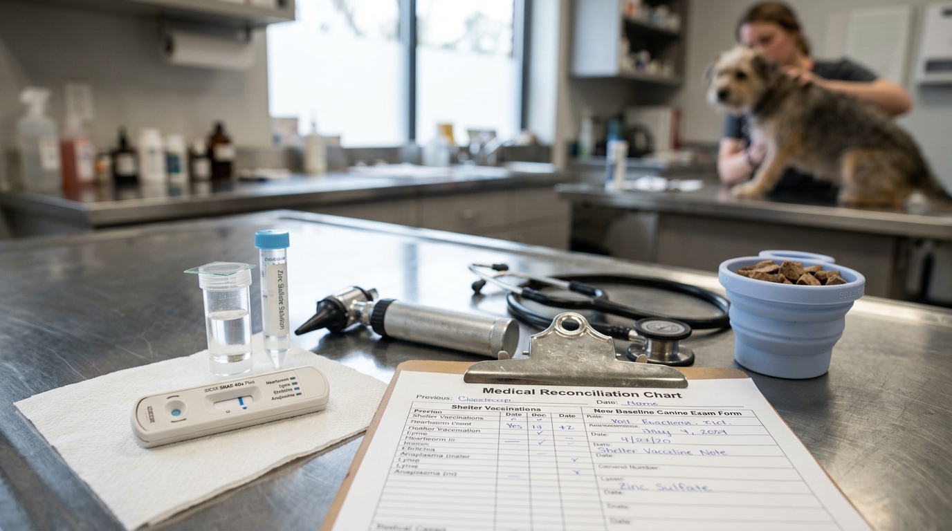 Figure 1: Adopted Dog Diagnostic Minimum Database & Medical Reconciliation Exhibit — Macro examination displaying a negative IDEXX SNAP 4Dx Plus vector-borne disease cassette, centrifugal zinc sulfate fecal flotation vials, shelter vaccine audit records, and clinical diagnostic instruments.