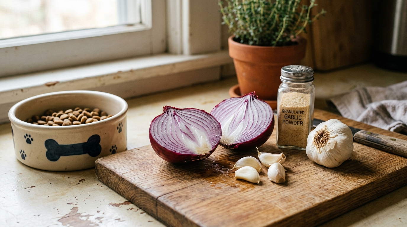 Red onion halves, fresh garlic cloves, and granulated garlic powder shaker beside dog food bowl