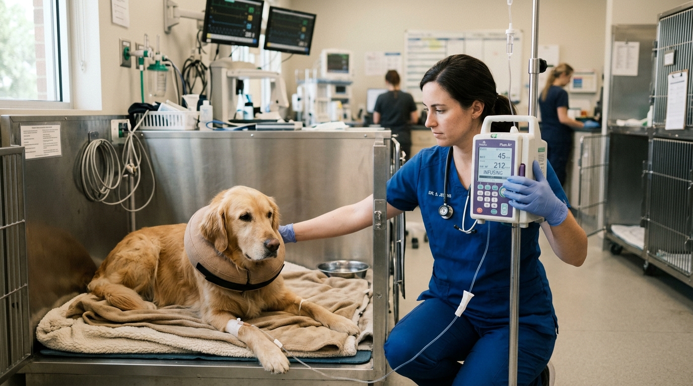 Veterinarian monitoring intravenous infusion pump for canine diuresis in hospital recovery ward