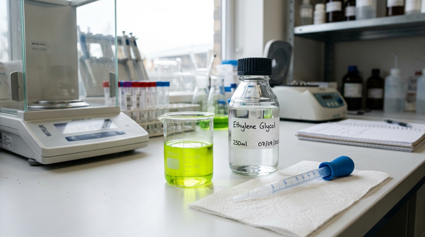 Laboratory bench analysis of fluorescent green ethylene glycol liquid in a graduated beaker