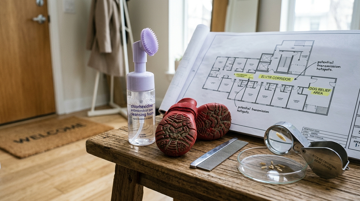 Figure 1: High-Density Urban Parasite Hotspots & Paw Hygiene Exhibit — Macro view of chlorhexidine antiseptic paw wash, protective treaded booties, and flea combs beside an apartment building floor plan highlighting transmission corridors in carpeted hallways and elevators.