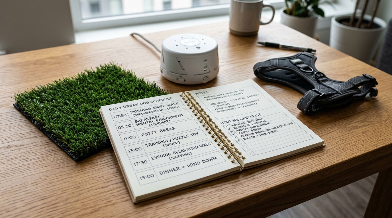 Figure 1: Urban Apartment Canine Routine & Sensory Planning Exhibit — Macro display of a structured daily apartment schedule integrating decompression sniff walks, mental enrichment puzzles, hallway sound-conditioning machines, and indoor relief options.