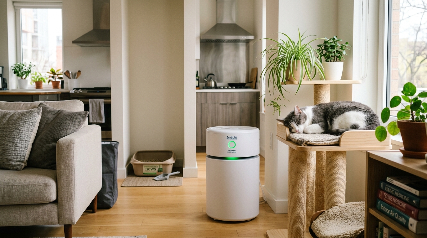 Figure 2: Apartment HEPA Air Purification & Feline Respiratory Health — A modern apartment living room featuring an active medical-grade HEPA air purifier operating quietly near a resting cat on an elevated tree, with range hood kitchen ventilation and low-dust litter.