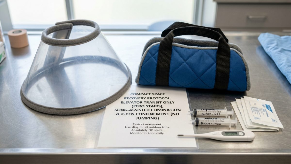 Low-stimulus recovery suite with nonslip cushioned bedding and support harness for a feline patient recovering from limb amputation.