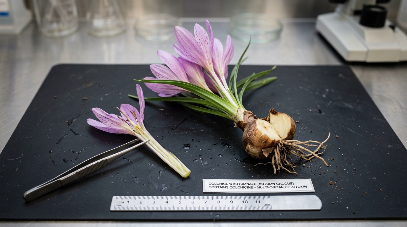 Botanical specimen of purple Autumn Crocus with dissected flower and cut corm on dissection board beside metric ruler and label