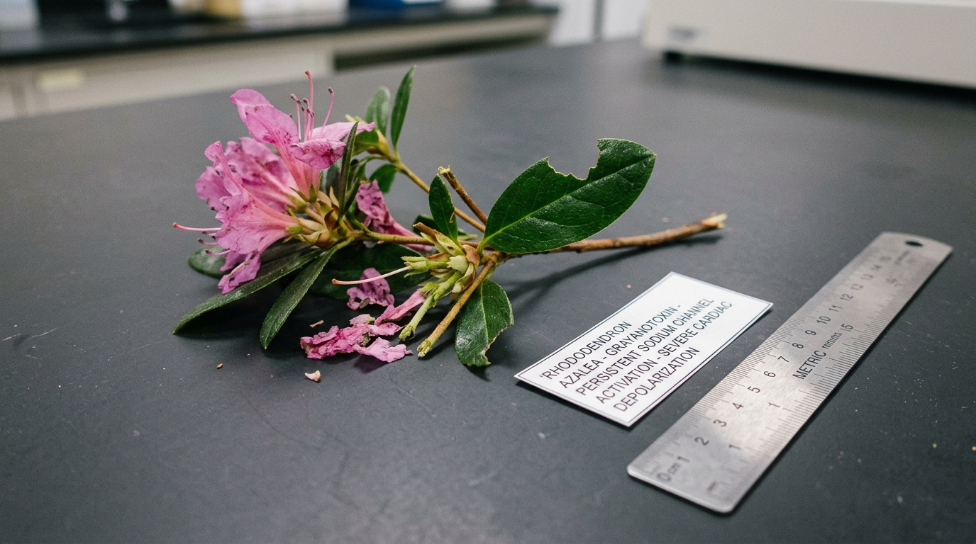 Botanical toxicology specimen of chewed Azalea flowering branch with crushed petals beside metric surgical ruler and placard