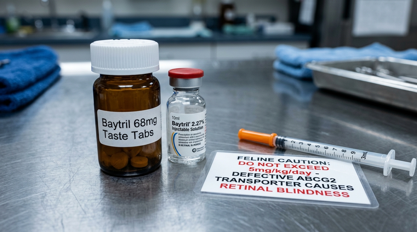 Baytril 68mg taste tabs and 2.27 percent injectable solution beside feline clinical warning placard regarding retinal toxicity