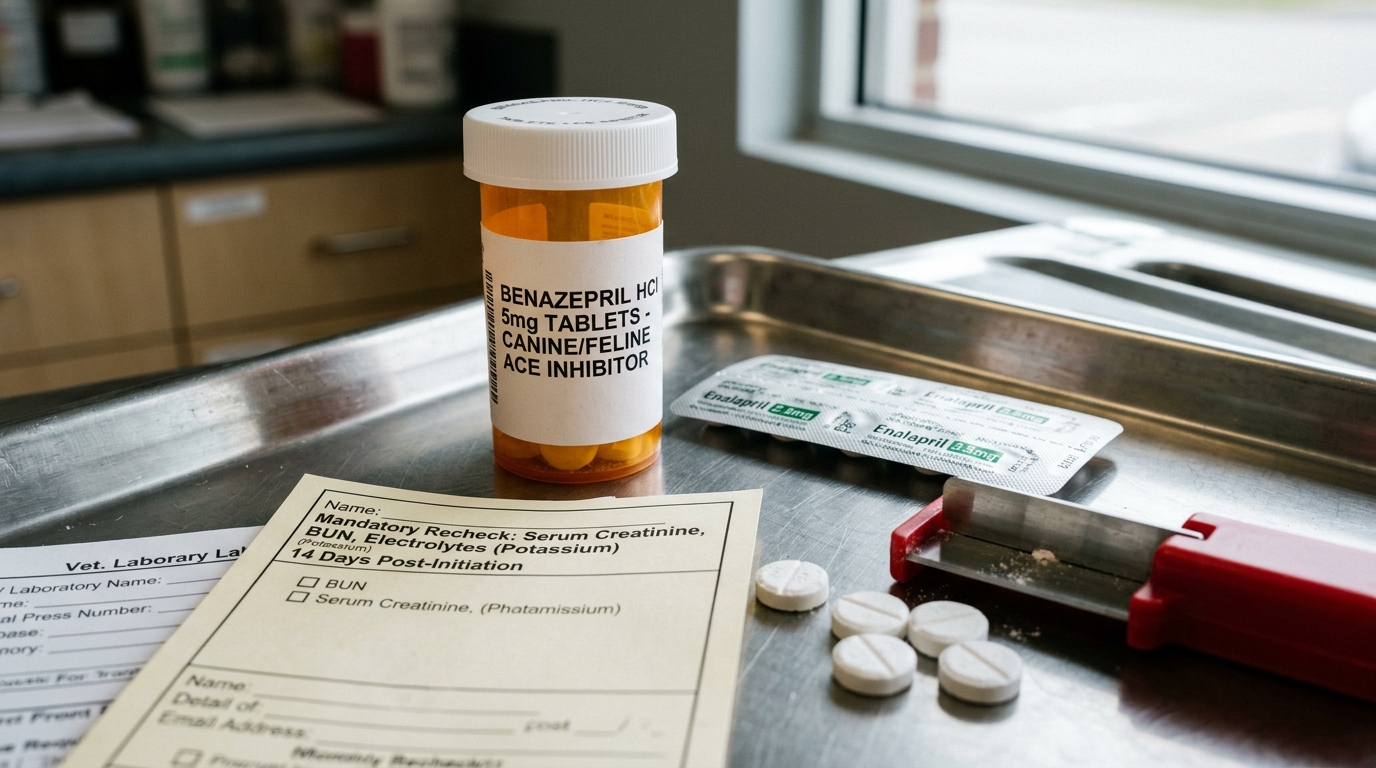 Amber prescription bottle of Benazepril 5mg tablets beside Enalapril blister strip and clinical laboratory requisition form for 14-day recheck