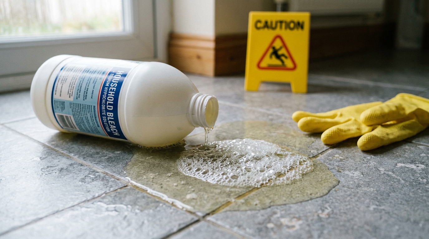 Documentary macro photograph of spilled bottle of household sodium hypochlorite bleach creating chemical foam on tiled floor