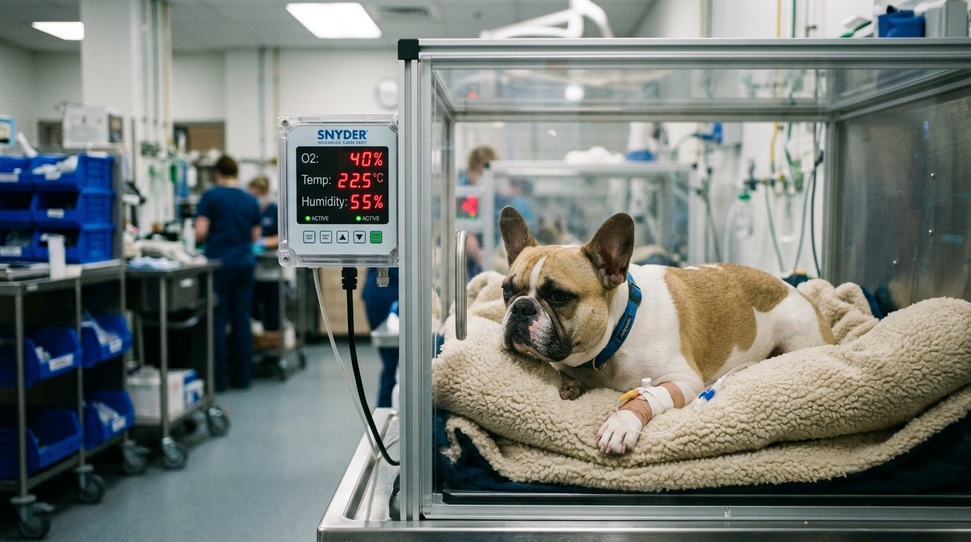 Brachycephalic canine patient recovering peacefully in climate-controlled veterinary ICU oxygen chamber