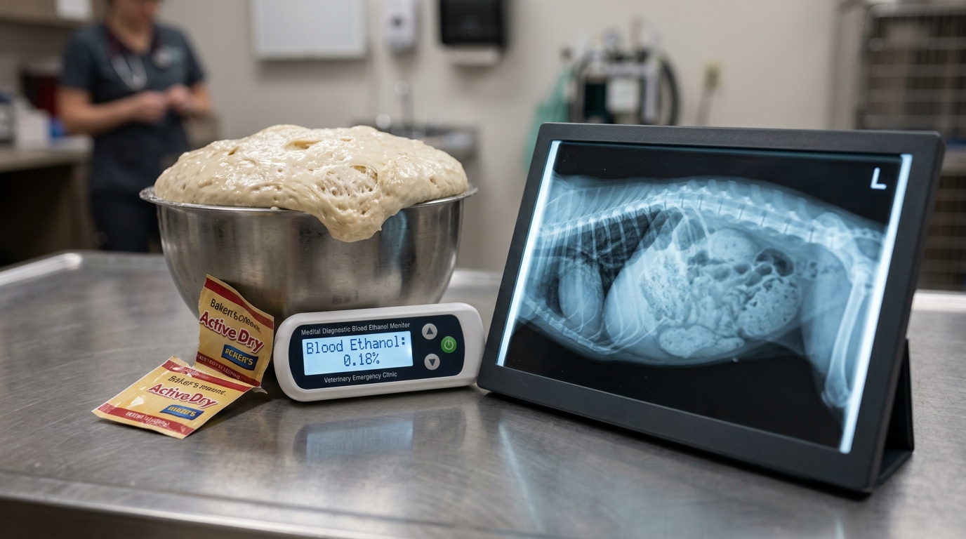 Figure 1: Canine Bread Dough Fermentation & Ethanol Poisoning Exhibit — Macro clinical view of expanding yeast dough and blood ethanol diagnostic readings alongside abdominal radiographs demonstrating marked gastric gas distension, gastric distension, and progressive metabolic acidosis.