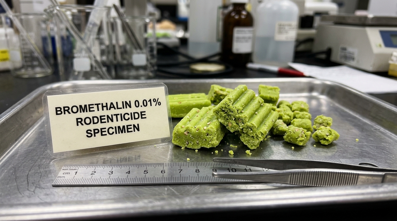 Bright green bromethalin rodenticide wax bait blocks displayed on laboratory stainless steel tray beside metric ruler and specimen label