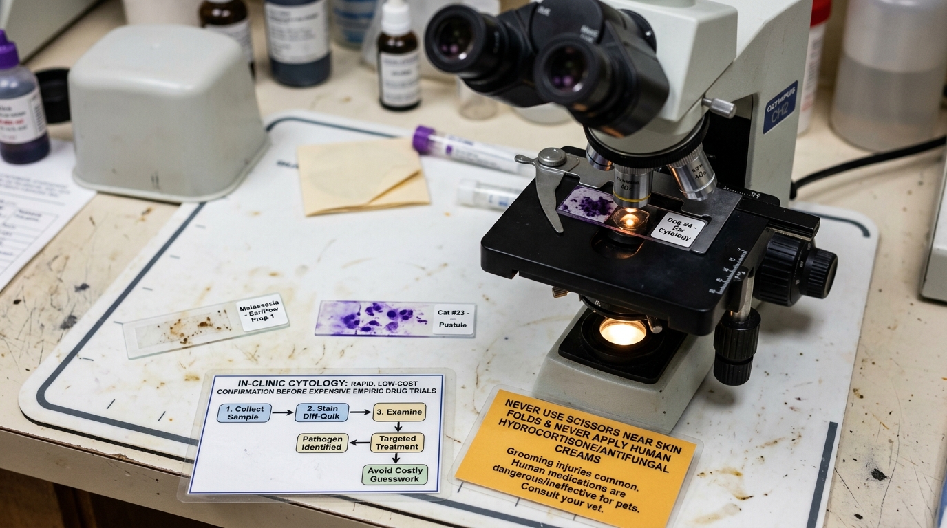 Clinical veterinary cytology workstation evaluating secondary bacterial and fungal infections in hypothyroid skin.