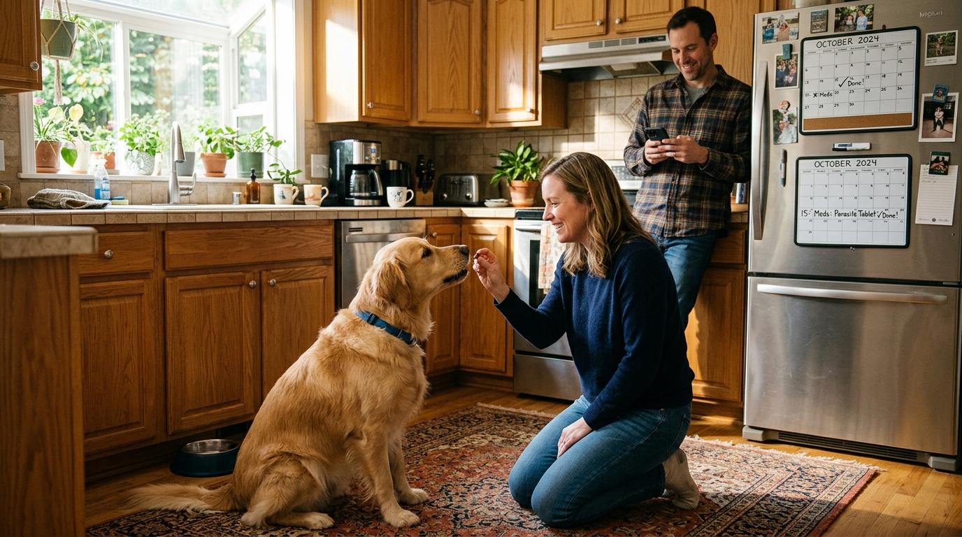 Figure 2: Multi-Caregiver Preventative Dosing Coordination — Two working family members synchronizing parasite preventative administration on a kitchen rug, cross-referencing an app and refrigerator calendar to prevent accidental double-dosing.