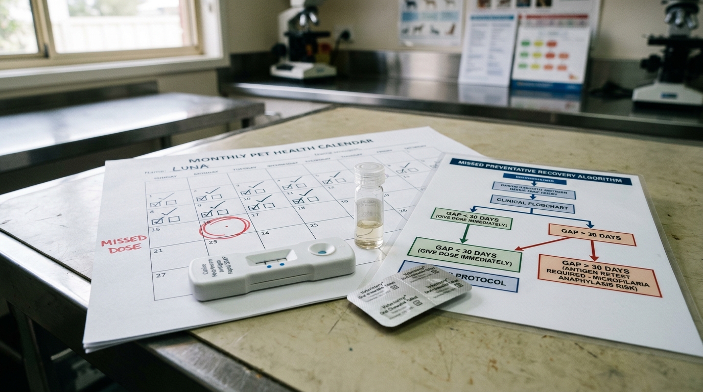 Figure 1: Missed Dose Recovery Algorithm & Heartworm Antigen Triage Exhibit — Macro display of a health calendar highlighting a missed preventative date, a negative heartworm rapid SNAP test cassette, isoxazoline chewables, and the missed-dose clinical protocol.