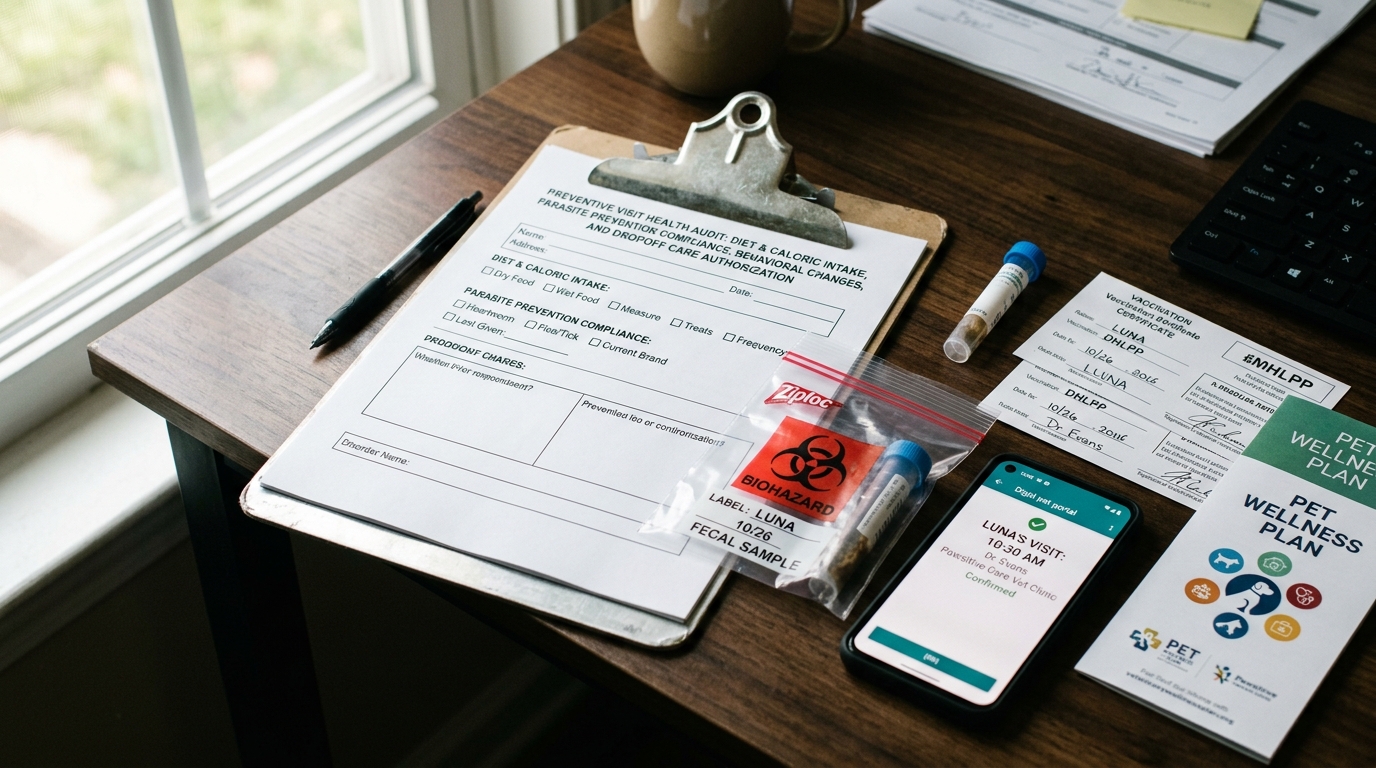 Figure 1: Busy Household Asynchronous Health Audit & Specimen Kit Exhibit — Macro layout of a clipboard health audit checklist, labeled fecal specimen vial in a biohazard pouch, vaccination records, and a smartphone appointment confirmation.