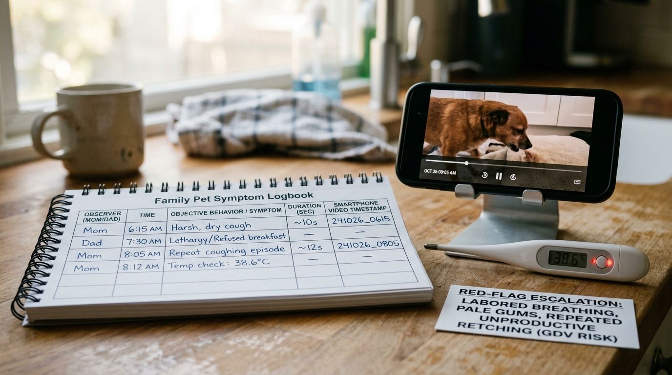 Figure 1: Objective Symptom Logging & Video Timestamp Integration Exhibit — Macro view of an open family pet symptom logbook with observer and duration columns, beside a smartphone displaying video footage of an episodic coughing fit, digital thermometer, and triage matrix.