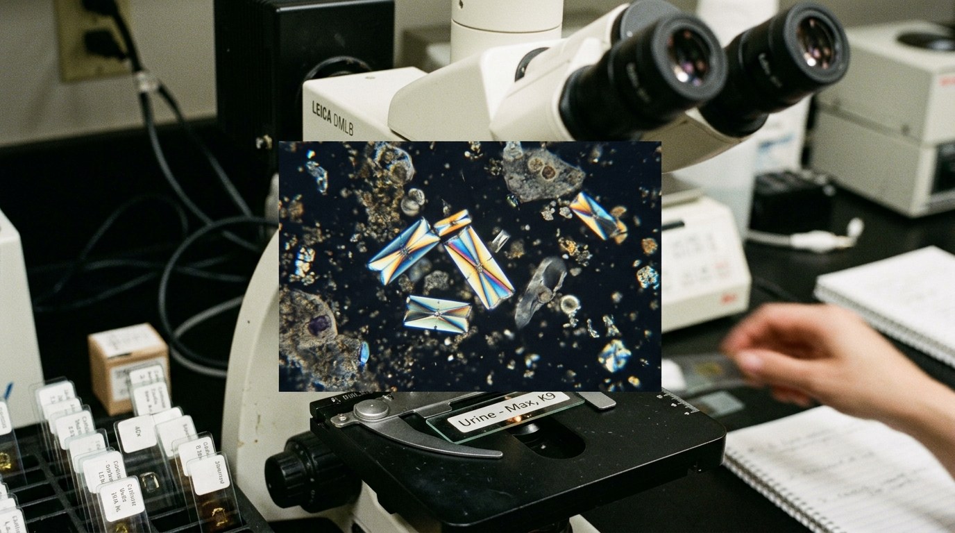 Microscopic examination of urine sediment displaying classic picket-fence calcium oxalate monohydrate crystals