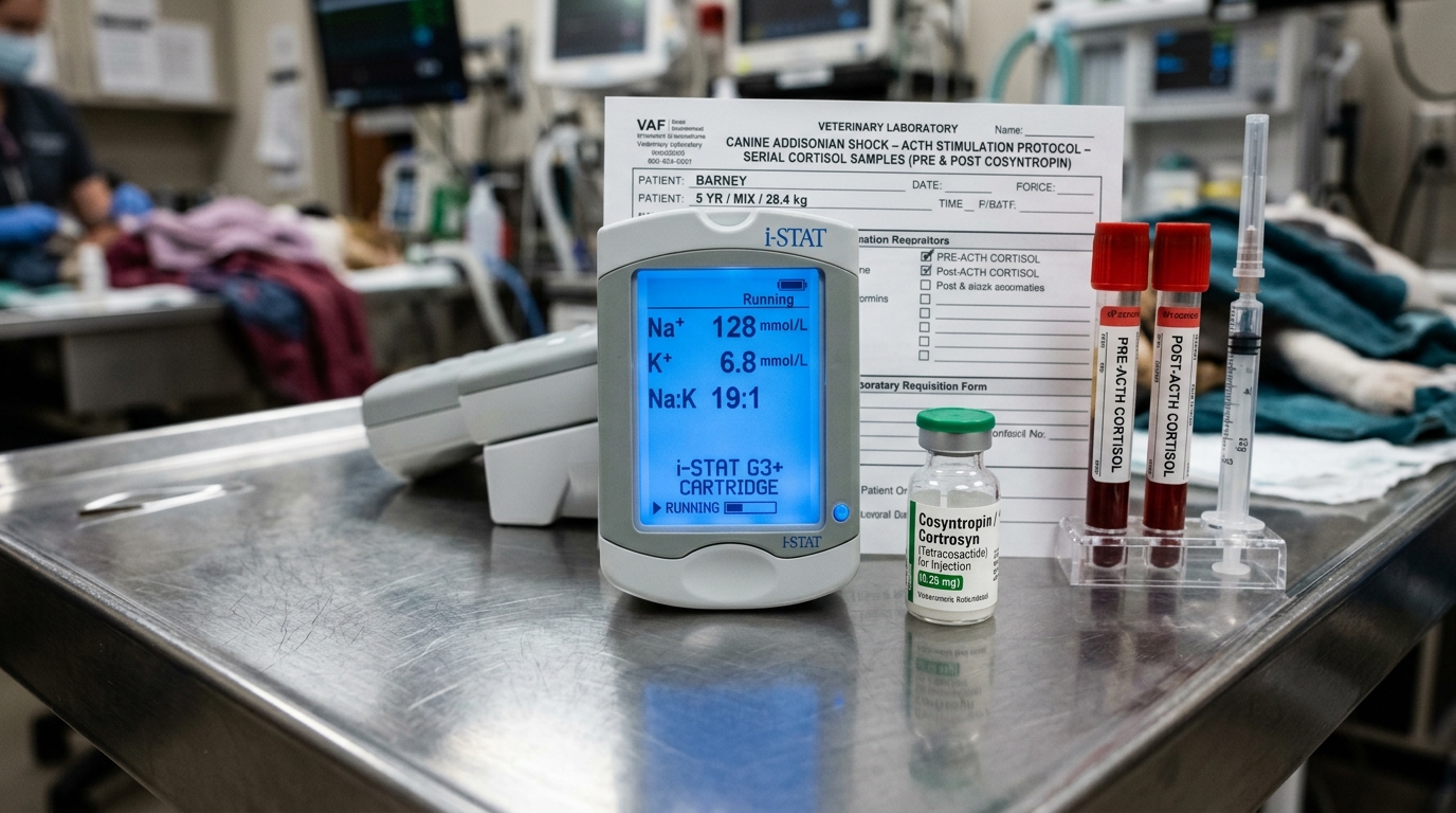 Endocrine laboratory diagnostic station with ACTH stimulation tubes, LDDST protocol, and cortisol test results.