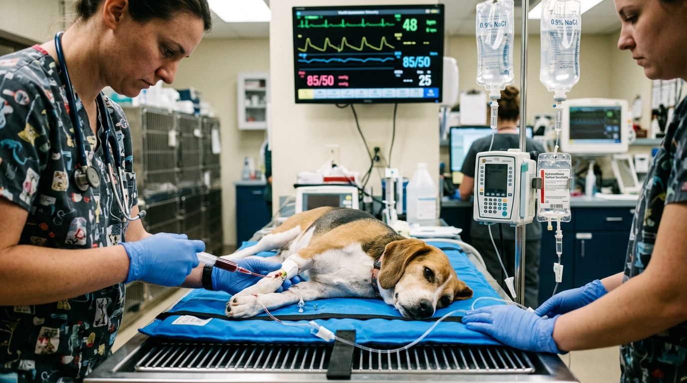 Veterinary emergency ICU team managing canine patient in acute glucocorticoid withdrawal shock with IV saline and ECG telemetry