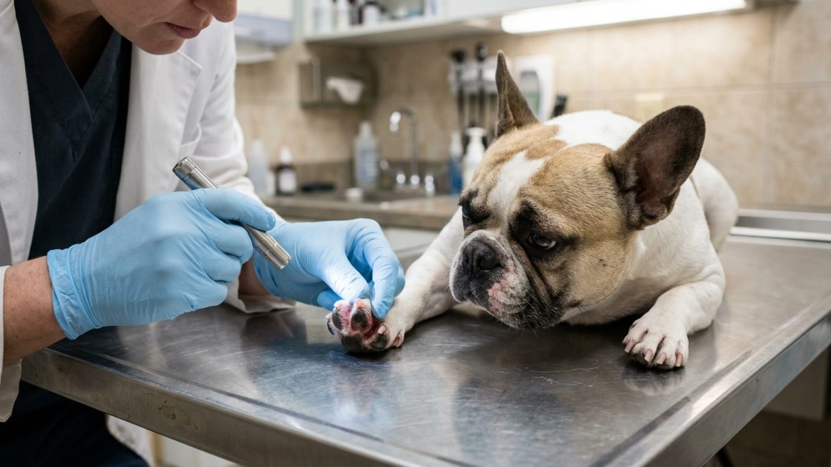 Veterinary dermatologist conducting trichogram and dermatological skin cytology evaluation for canine food allergy and pruritus.