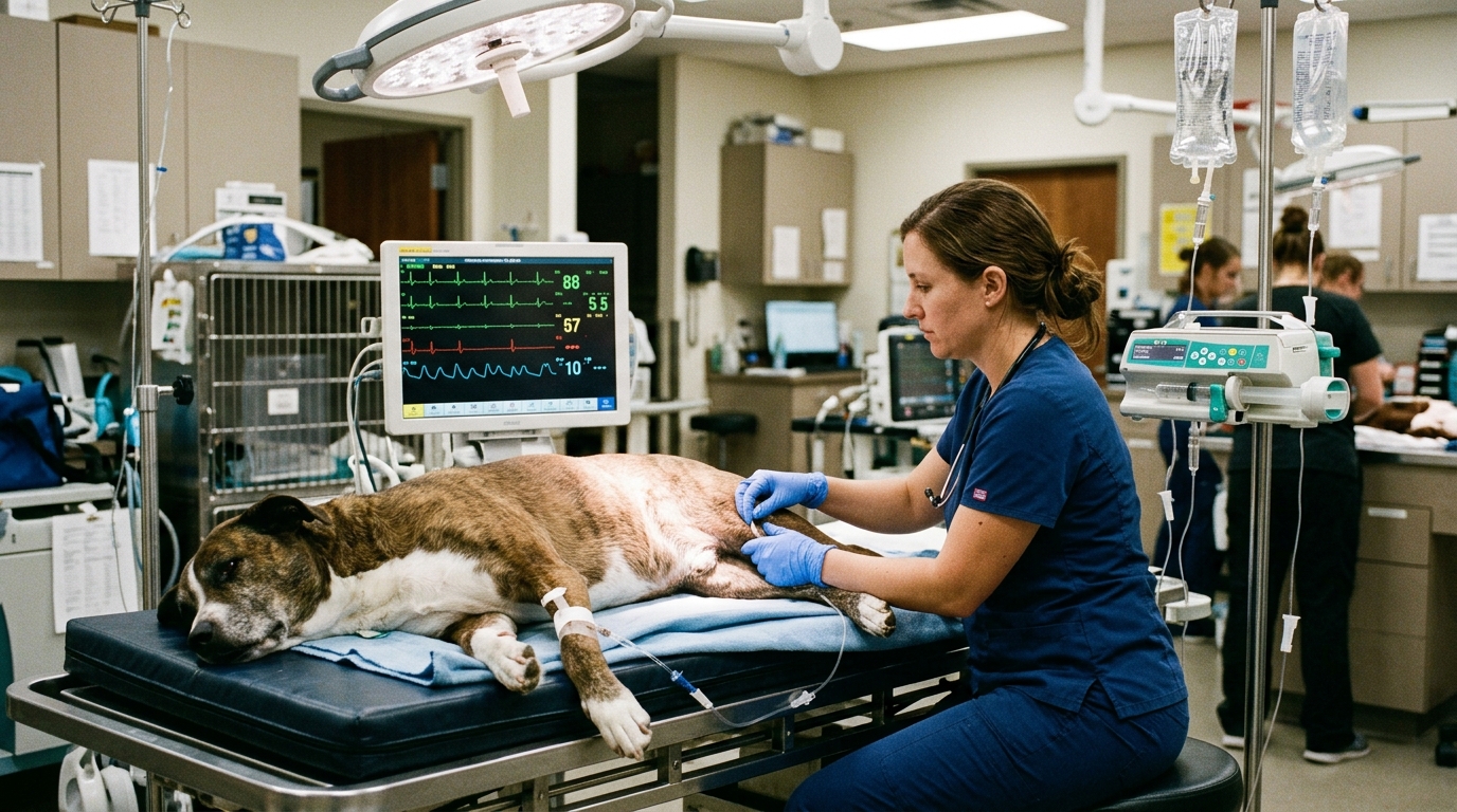 Veterinary clinician monitoring recumbent dog with grayanotoxin cardiotoxicity alongside ECG monitor showing severe sinus bradycardia