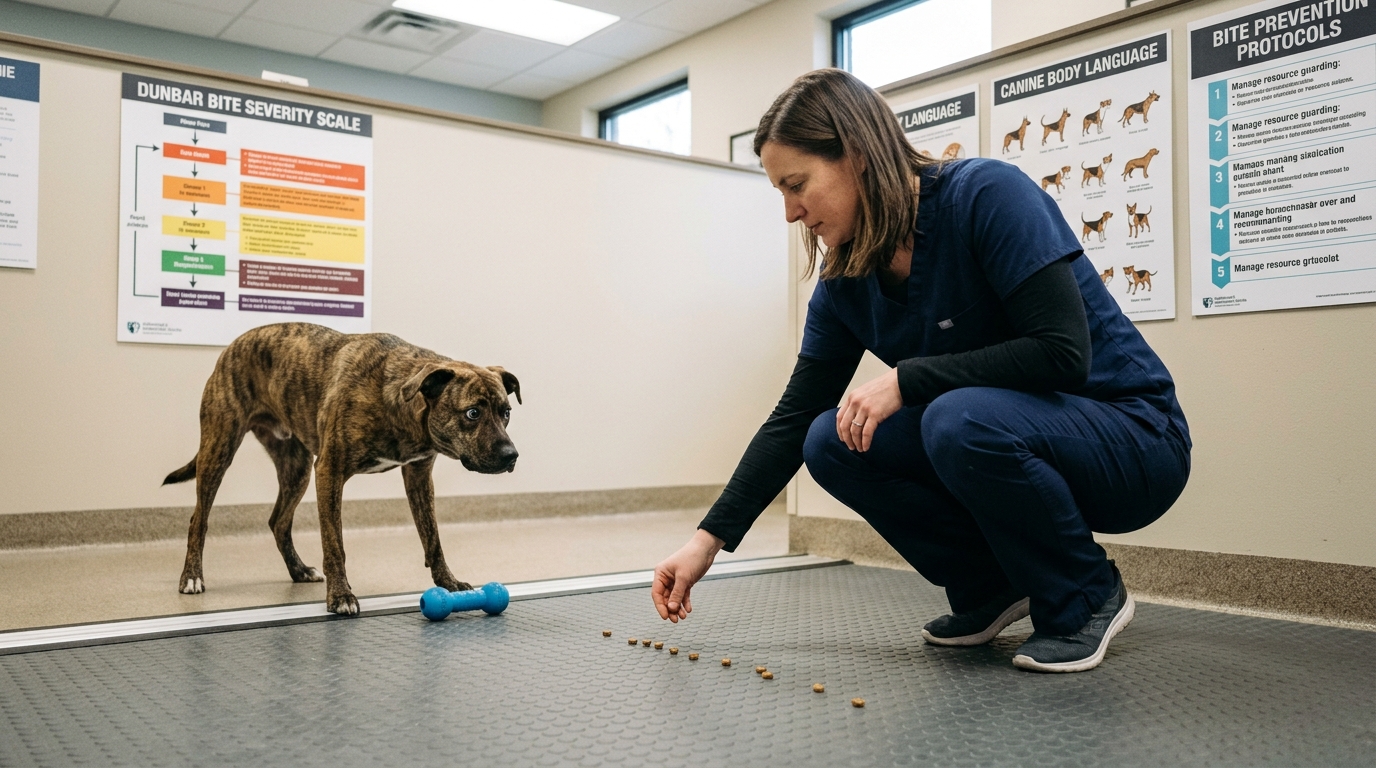 Figure 2: Clinical De-escalation & Bite Prevention Protocol — Behavioral consultation demonstrating non-confrontational body positioning (angled stance, gaze aversion) and treat displacement to safely resolve resource guarding without physical conflict, guided by the Dunbar Bite Scale.