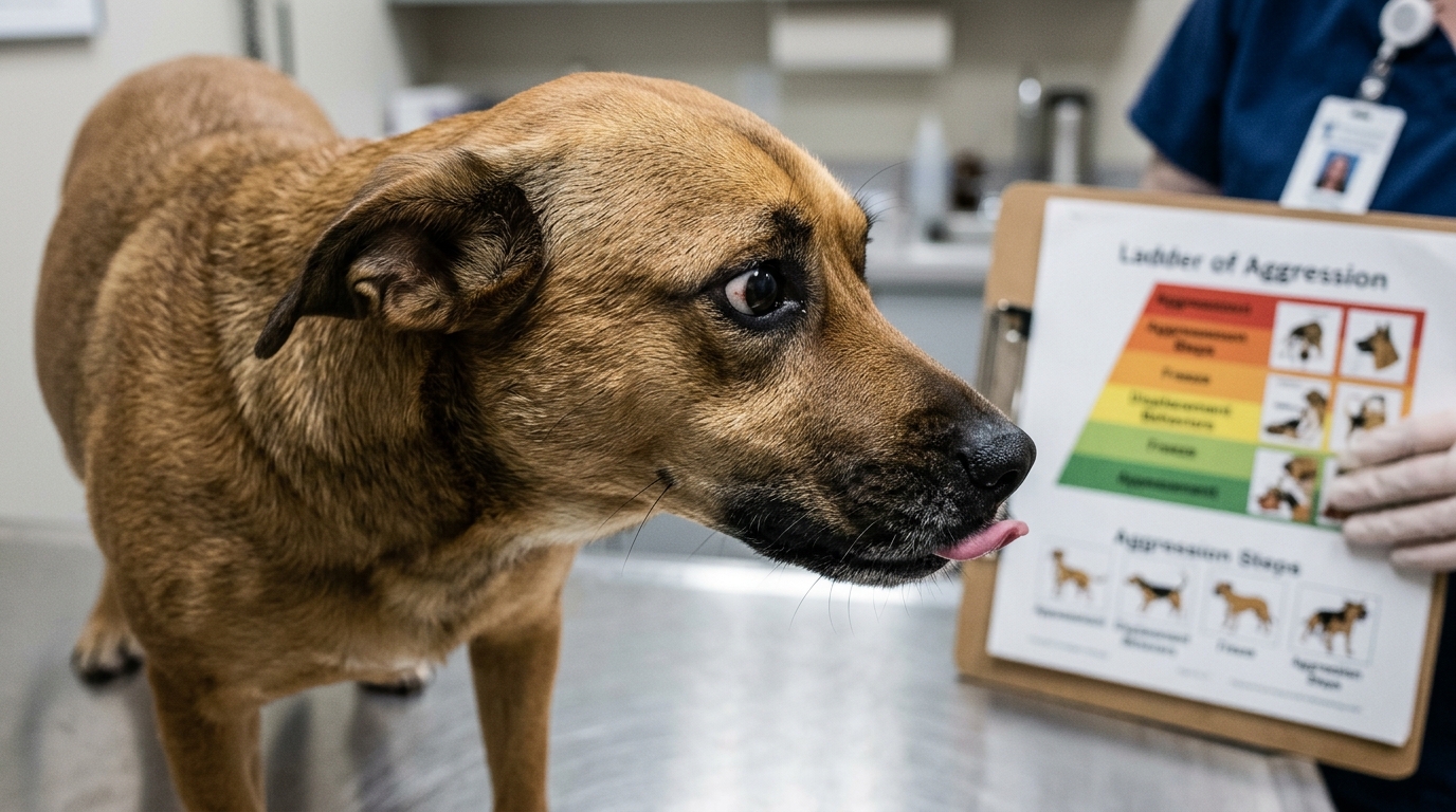 Figure 1: Canine Stress Escalation & Whale Eye Exhibit — Macro photographic documentation of early bite-risk ethological markers, demonstrating distinct scleral exposure (whale eye), subtle tongue-flick lip licking, and head aversion beside Kendal Shepherds Ladder of Aggression.