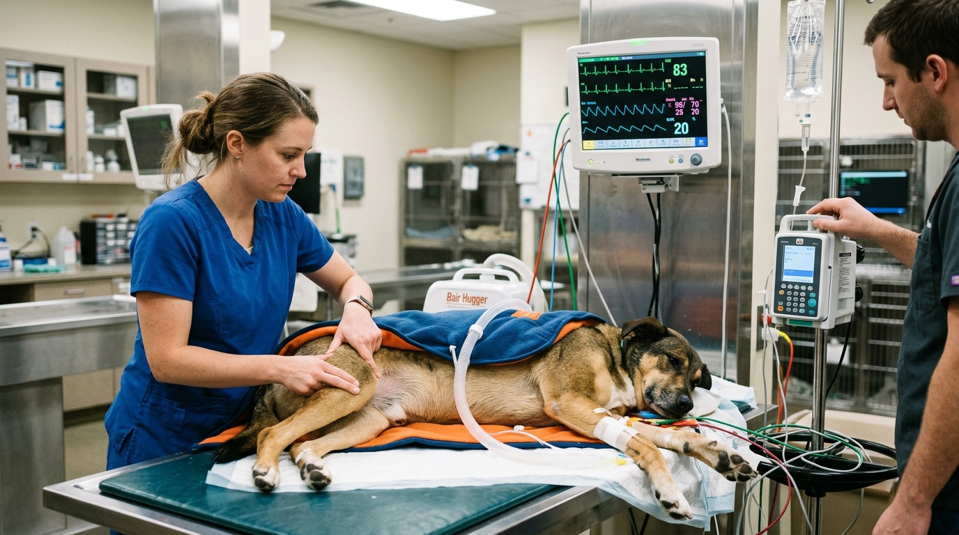 Figure 2: Canine Emergency ICU Telemetry & Antiarrhythmic Support — Intensive critical care monitoring featuring real-time multiparameter ECG tracking for conduction disturbances following bulb ingestion, coupled with rapid IV diuresis to accelerate alkaloid clearance.