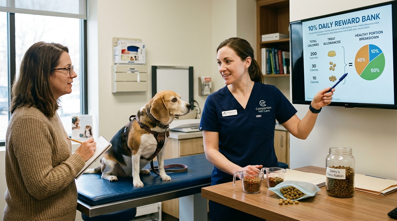 Figure 2: Clinical Calorie Budgeting & Reward Bank Consultation — A veterinarian coaching a dog owner on allocating a daily treat bank using measuring cups and pea-sized rewards, preventing meal displacement and obesity in an attentive Beagle patient.