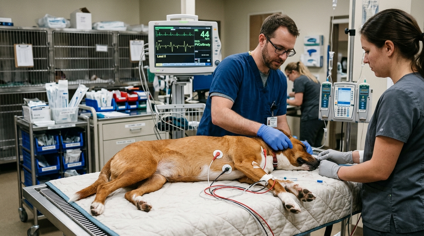 Veterinary cardiac intensive care team monitoring canine patient with severe bradycardia and ventricular arrhythmias on telemetry screen