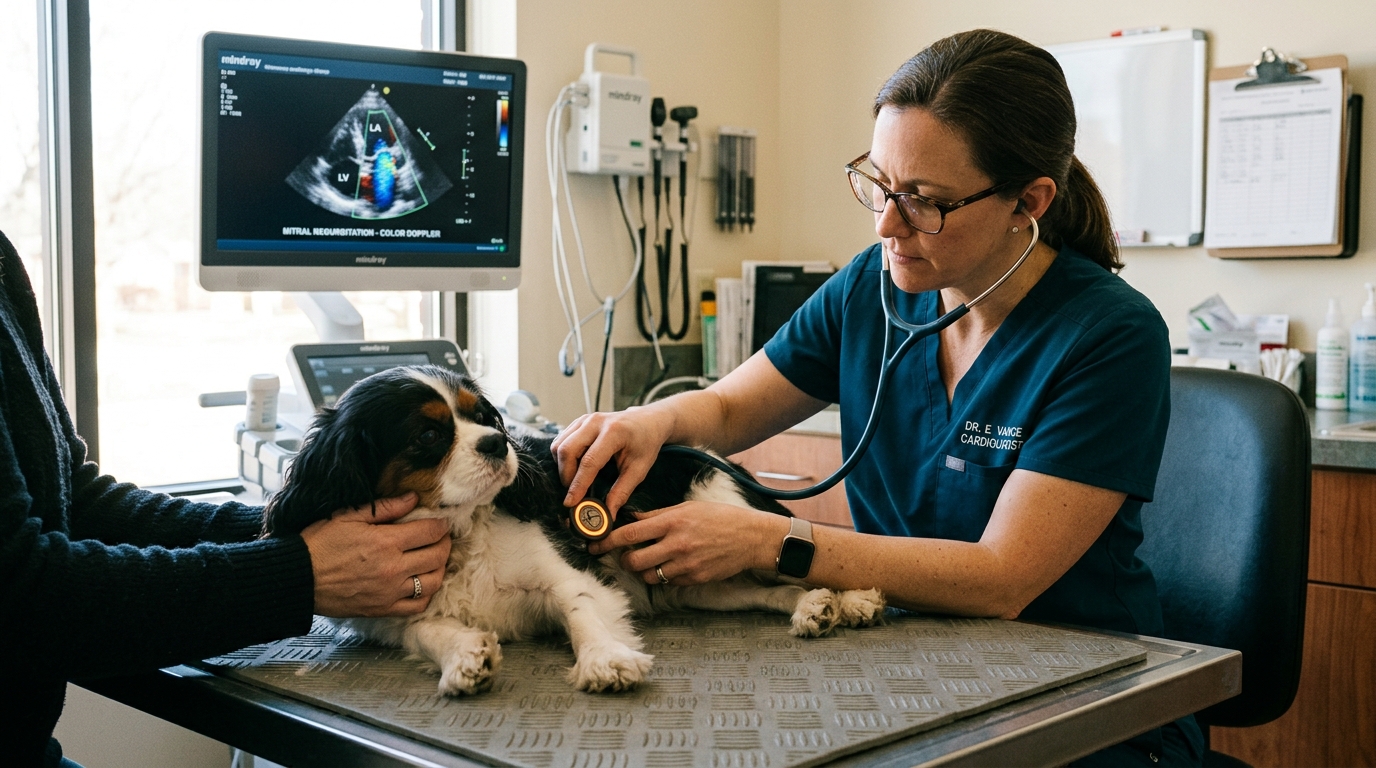 Veterinary cardiologist performing electronic stethoscope auscultation on Cavalier King Charles Spaniel with Doppler echocardiogram monitor