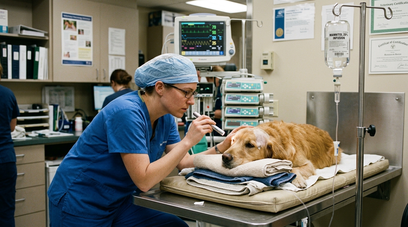 Veterinary neurologist examining canine patient with penlight on exam table with head elevated at 30 degrees and IV mannitol infusion