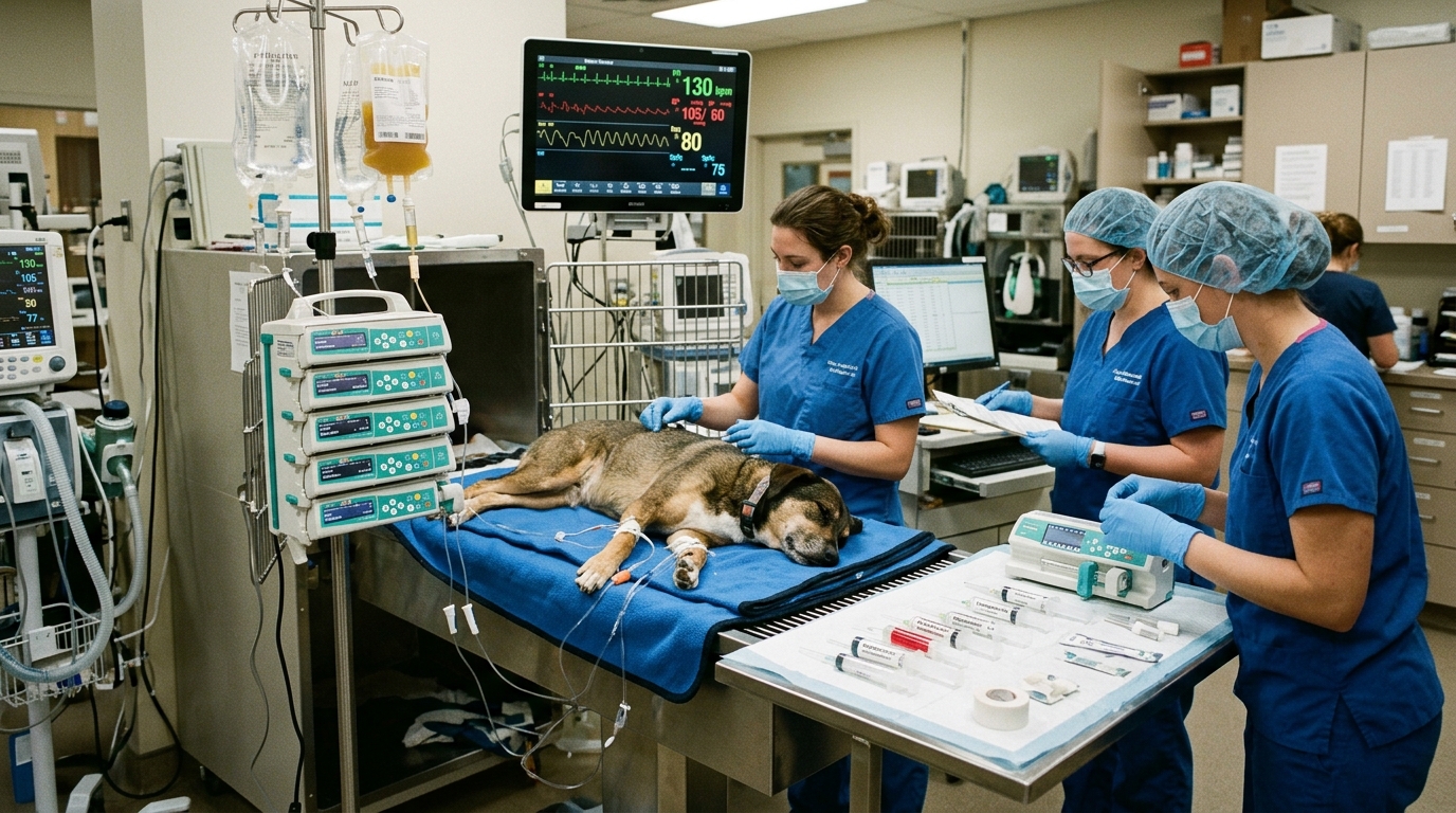 Veterinary critical care clinicians managing recumbent canine patient in ICU with infusion pumps, plasma transfusion, and telemetry