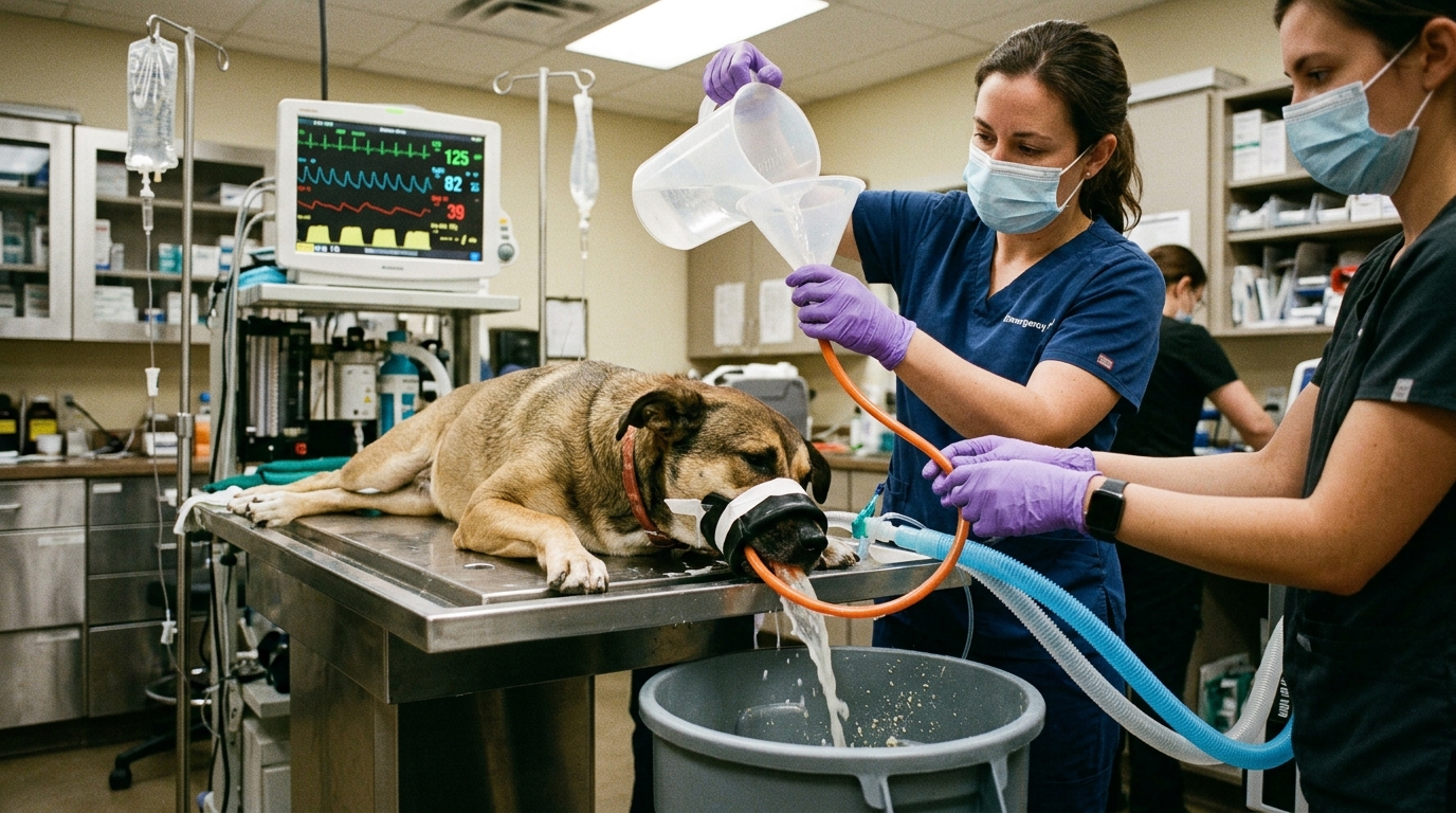 Figure 2: Canine Cold Water Gastric Lavage & Bloat Decompression — Veterinary emergency intervention utilizing an orogastric tube and ice-cold water lavage to halt yeast fermentation, arrest ongoing ethanol production, and safely decompress severe gastric dilation.